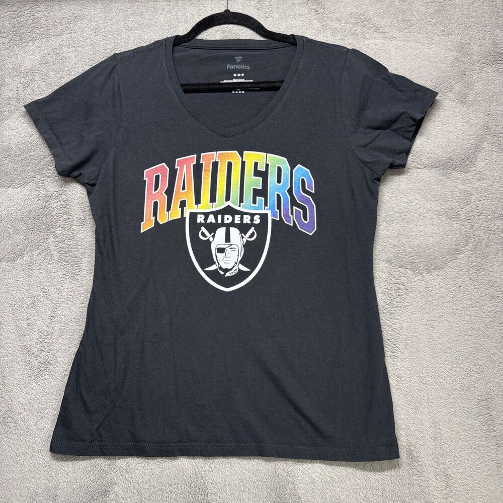 Las Vegas Raiders V Neck T-Shirt Women's XL Rainbow Black Fanatics NFL Pro Line